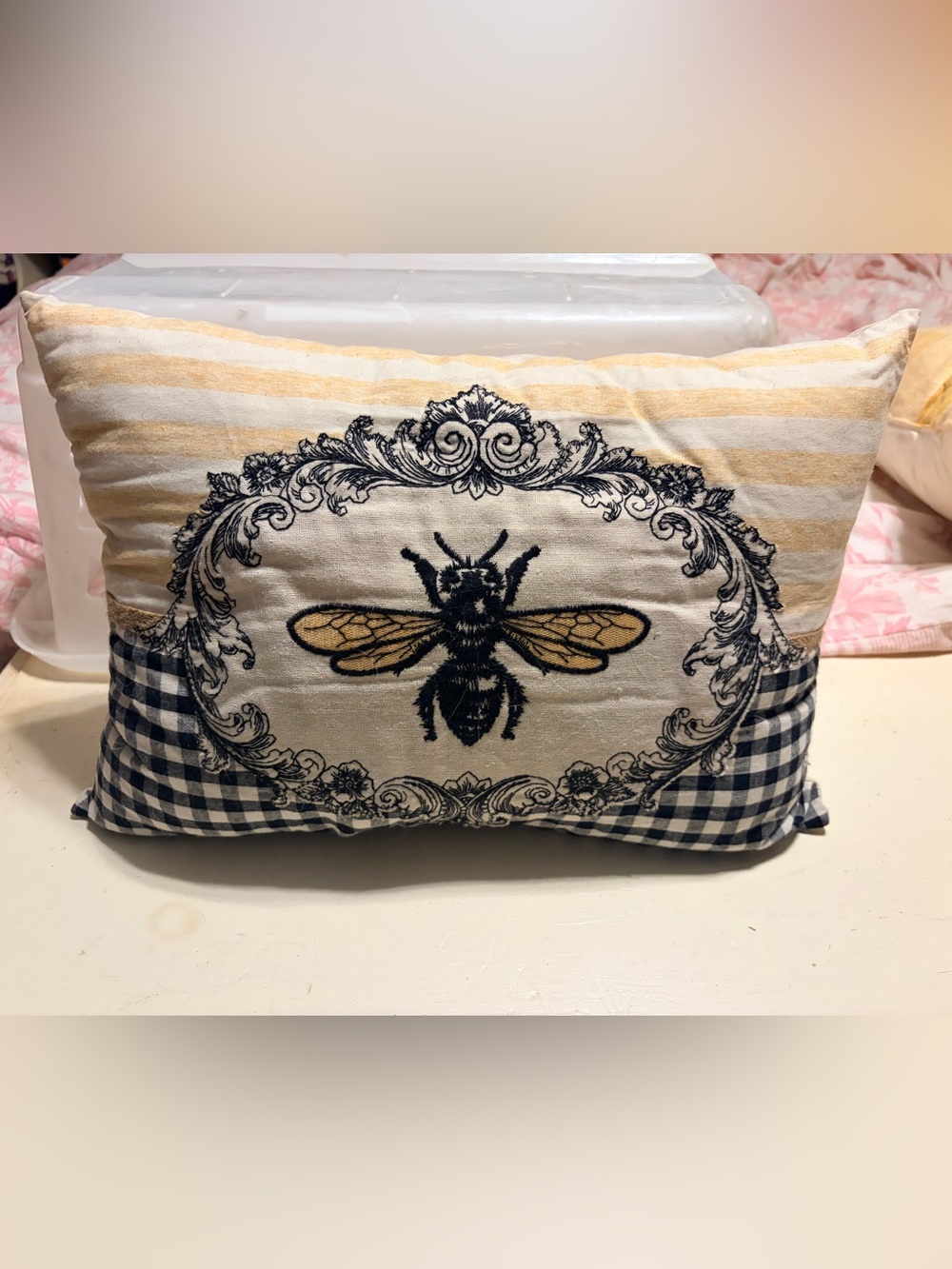 Decorative Bee Embroidered Throw Pillow - Yellow & Black